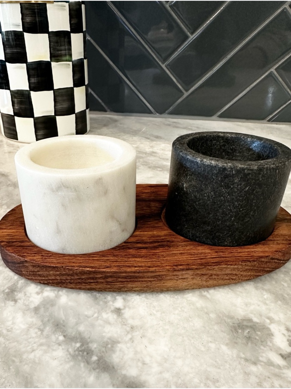 Creative Co-Op Marble Salt & Pepper Cellar Set with Wood Tray - White & Black